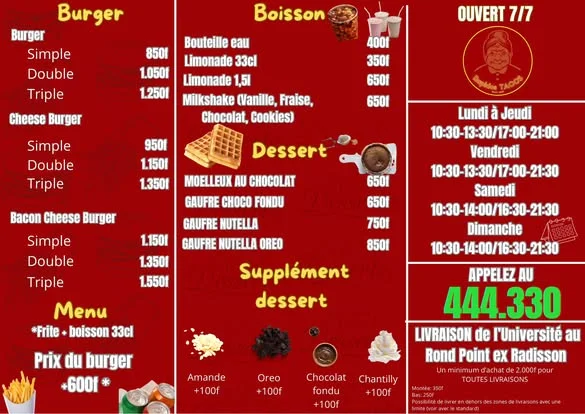 La carte Rapido's Tacos et Burgers, burgers, tacos, desserts