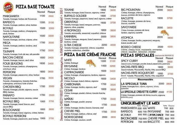 La carte Rapido's Pizza, pizzas base tomate et crème, la Plaque Géante, prix